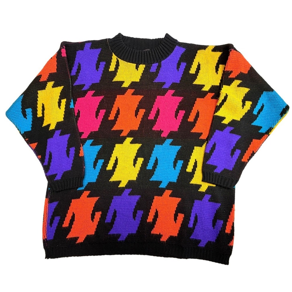 Vintage Chaus Colorful Houndstooth‎ Knit Sweater Women's L Black Oversized
